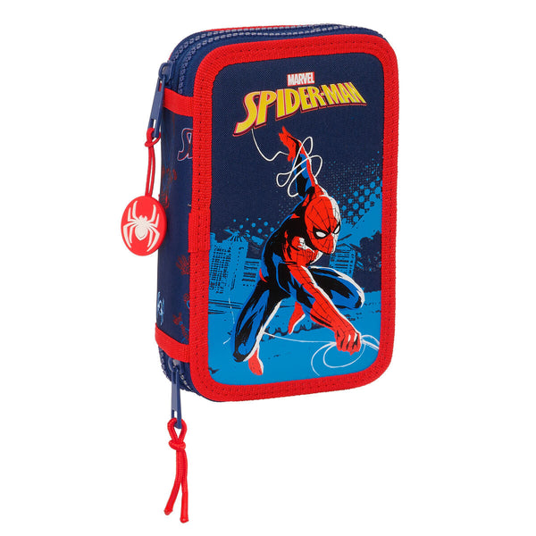 Dubbelt pennfodral Spider-Man Neon Marinblå 12.5 x 19.5 x 4 cm (28 Delar)-Kontor och Kontorsmaterial, Skol- och utbildningsmaterial-Spider-Man-peaceofhome.se