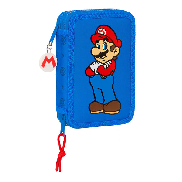 Dubbelt pennfodral Super Mario Play Blå Röd 12.5 x 19.5 x 4 cm (28 Delar)-Kontor och Kontorsmaterial, Skol- och utbildningsmaterial-Super Mario-peaceofhome.se