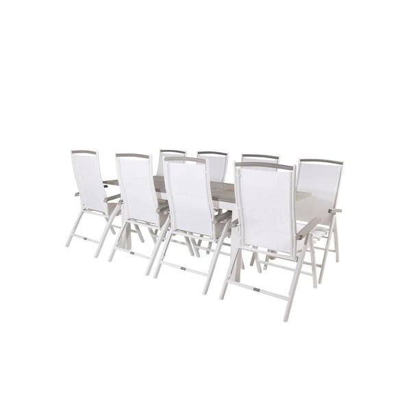 ALBANY Matbord 160/240x90 cm + 8 stolar - Vit/Grå | Utemöbler-Matgrupp Utomhus-Venture Home-peaceofhome.se