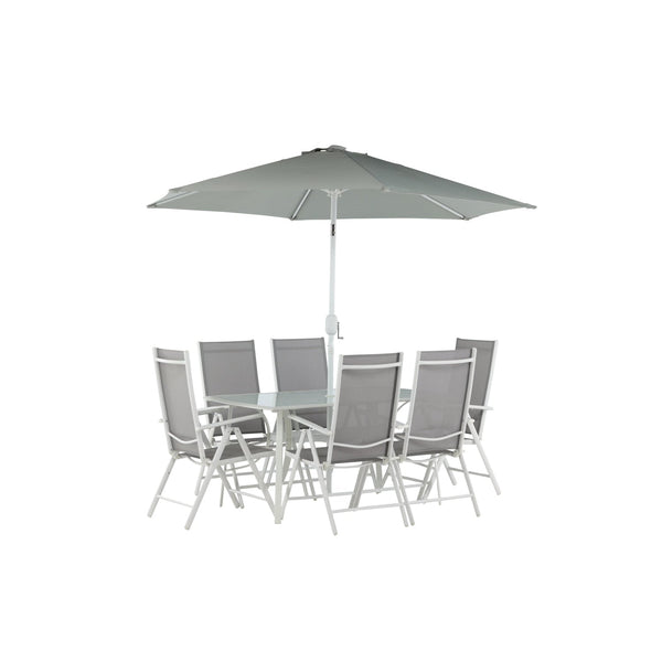 BREKKI Matbord 150x90 cm + 6 stolar + Parasoll - Grå/Vit | Utemöbler-Matgrupp Utomhus-Venture Home-peaceofhome.se