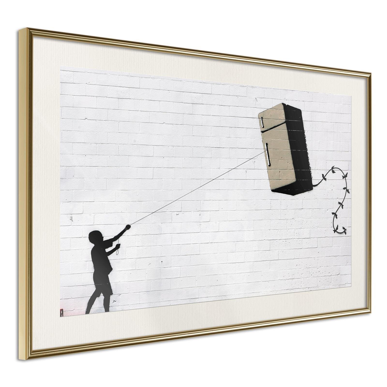 Inramad Poster / Tavla - Banksy: Fridge Kite-Poster Inramad-Artgeist-30x20-Guldram med passepartout-peaceofhome.se