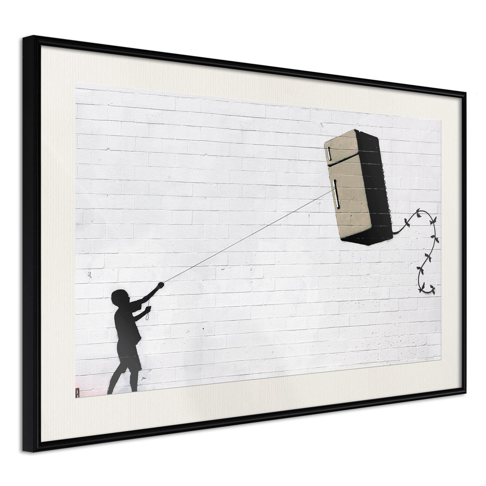 Inramad Poster / Tavla - Banksy: Fridge Kite-Poster Inramad-Artgeist-30x20-Svart ram med passepartout-peaceofhome.se