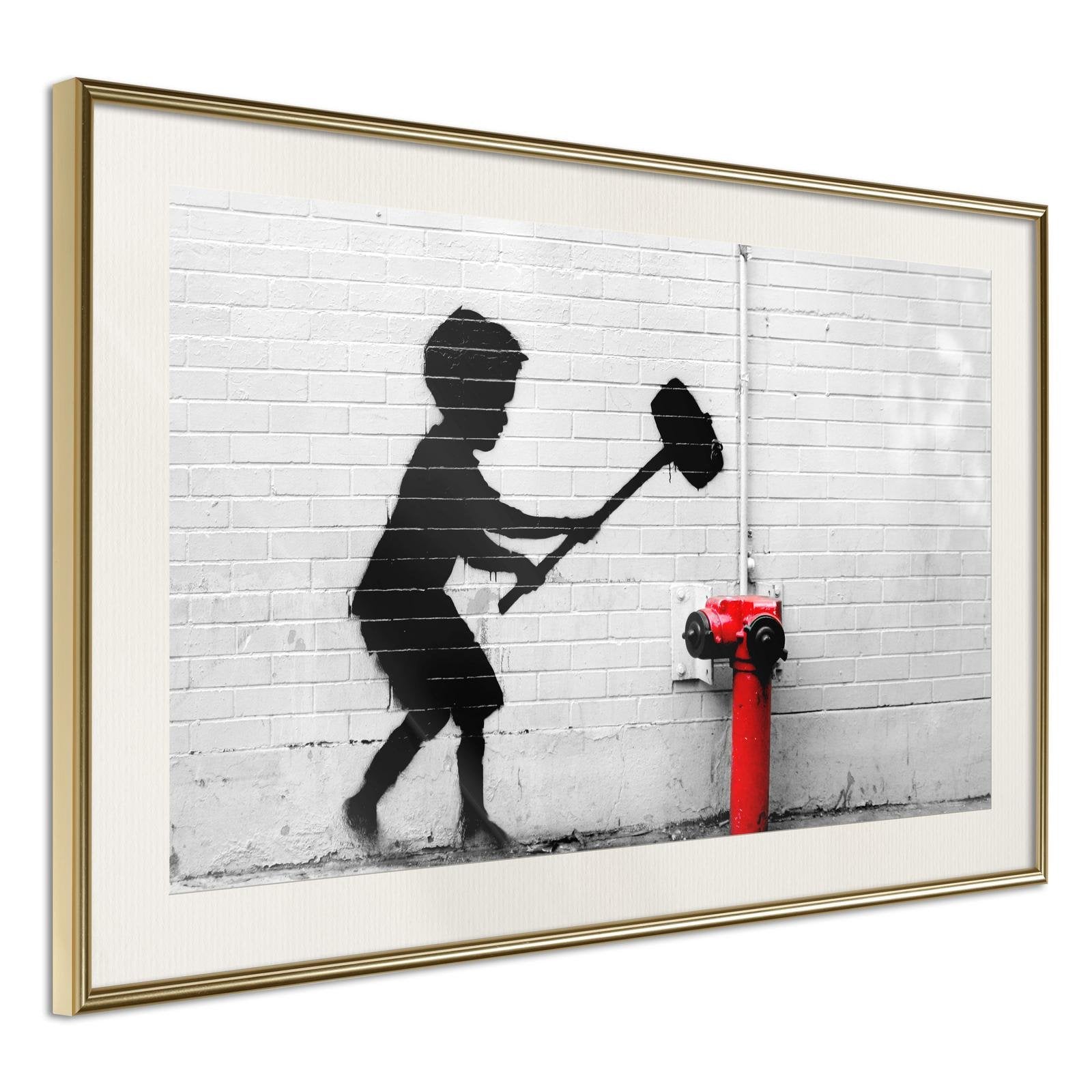 Inramad Poster / Tavla - Banksy: Hammer Boy-Poster Inramad-Artgeist-30x20-Guldram med passepartout-peaceofhome.se