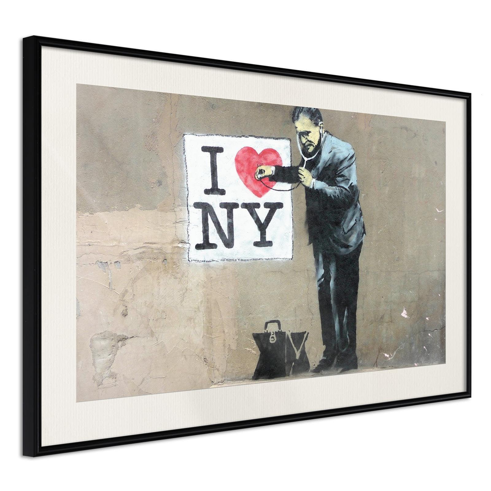 Inramad Poster / Tavla - Banksy: I Heart NY-Poster Inramad-Artgeist-30x20-Svart ram med passepartout-peaceofhome.se