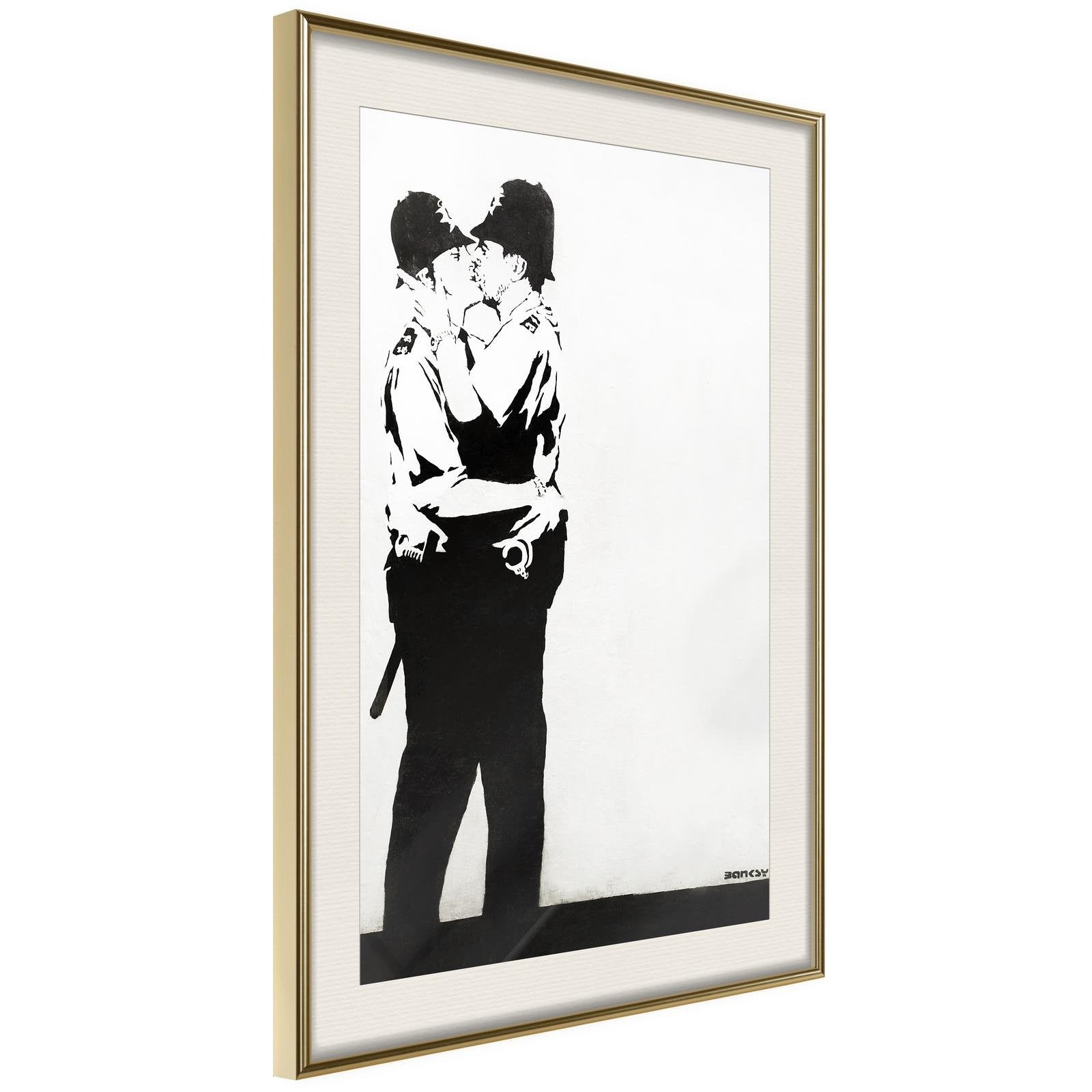 Inramad Poster / Tavla - Banksy: Kissing Coppers II-Poster Inramad-Artgeist-20x30-Guldram med passepartout-peaceofhome.se