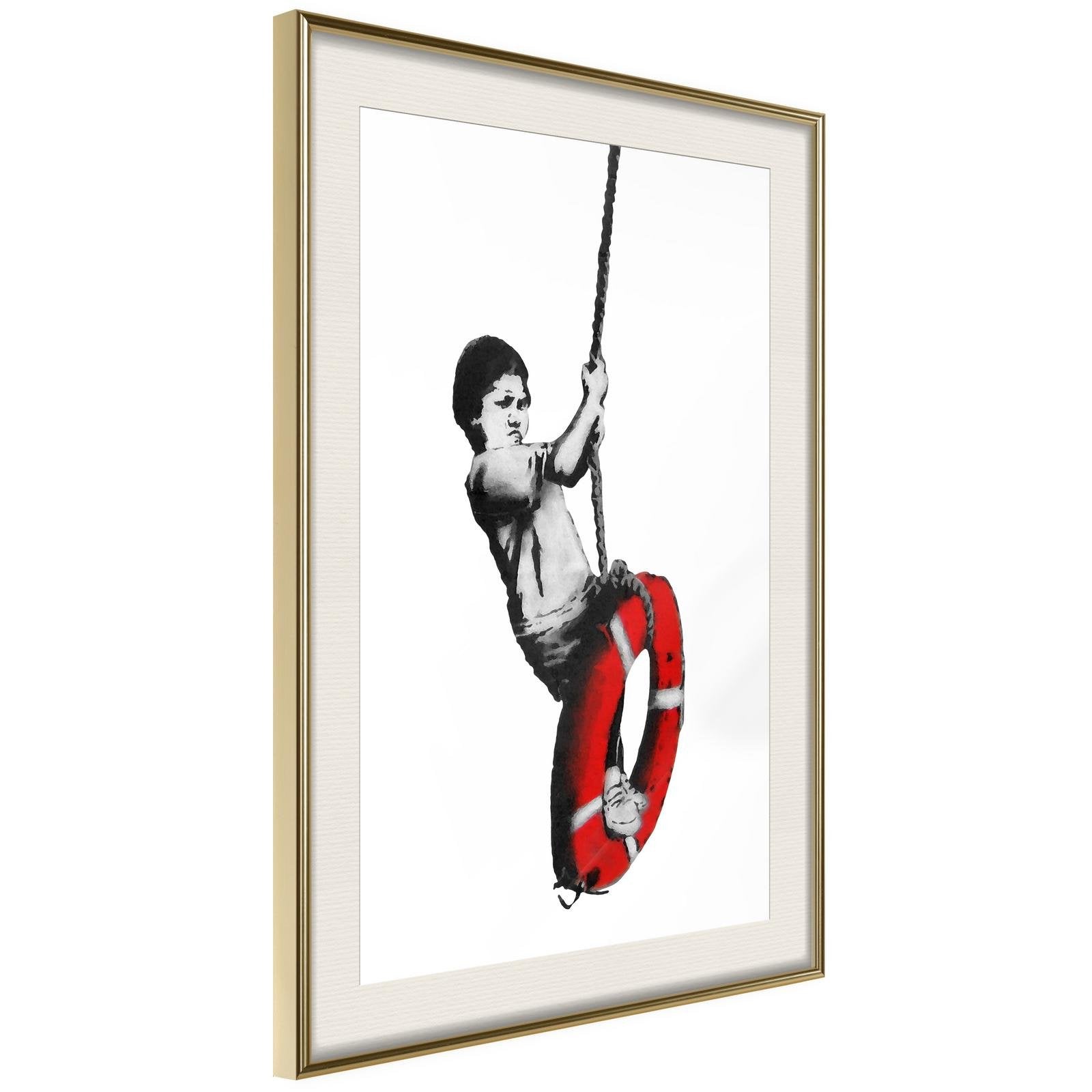 Inramad Poster / Tavla - Banksy: Swinger-Poster Inramad-Artgeist-20x30-Guldram med passepartout-peaceofhome.se