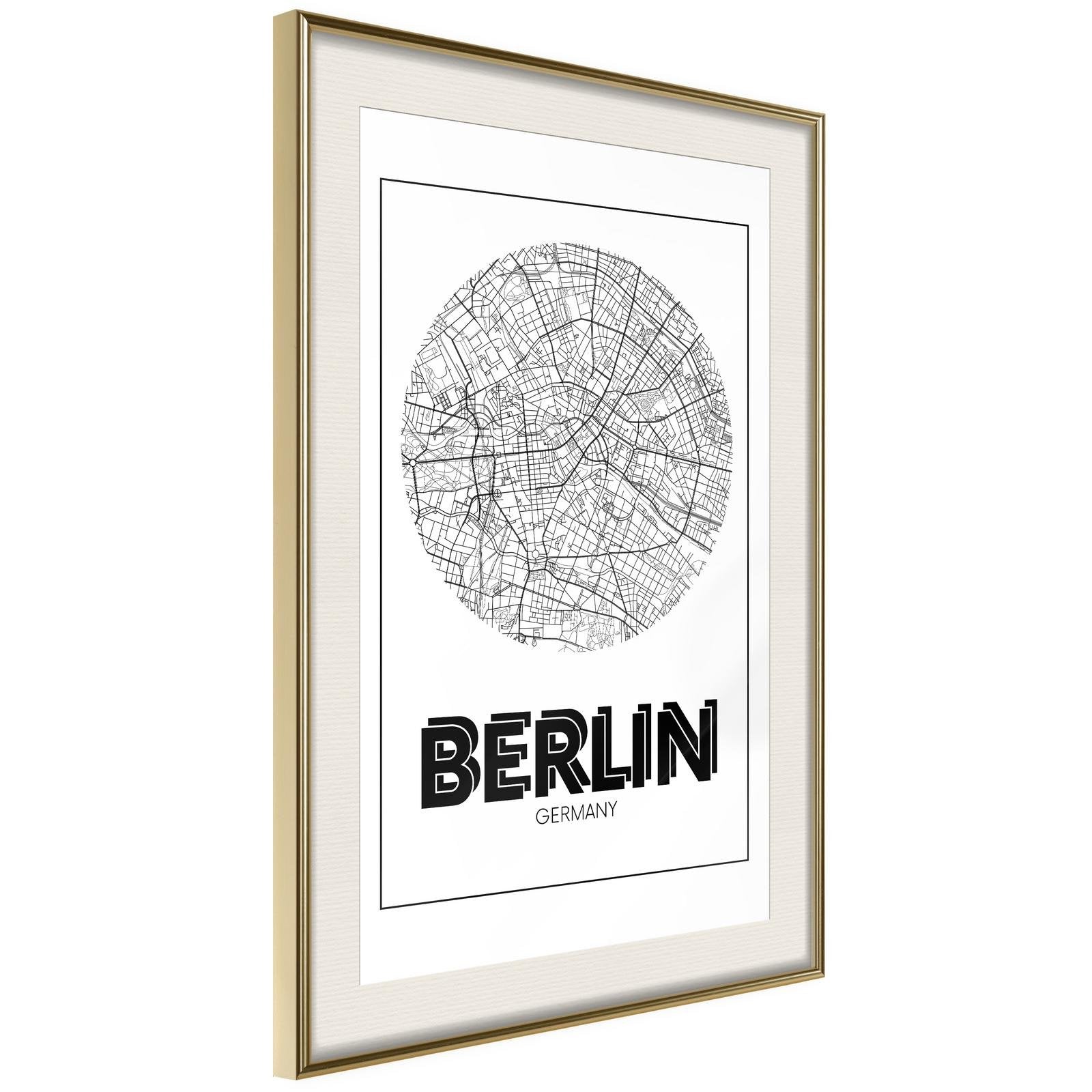 Inramad Poster / Tavla - City Map: Berlin (Round)-Poster Inramad-Artgeist-20x30-Guldram med passepartout-peaceofhome.se