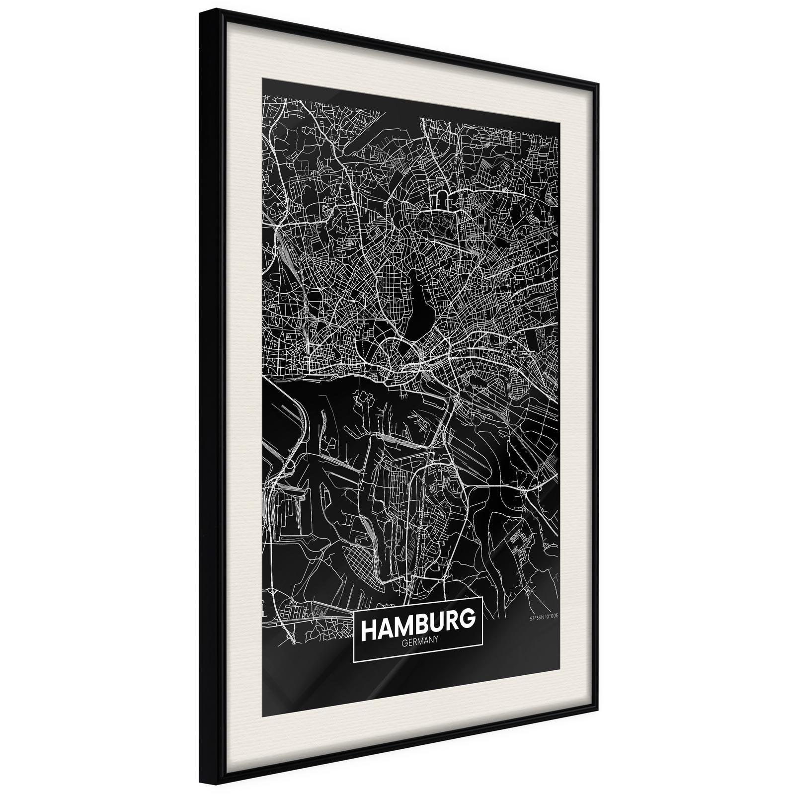 Inramad Poster / Tavla - City Map: Hamburg (Dark)-Poster Inramad-Artgeist-20x30-Svart ram med passepartout-peaceofhome.se