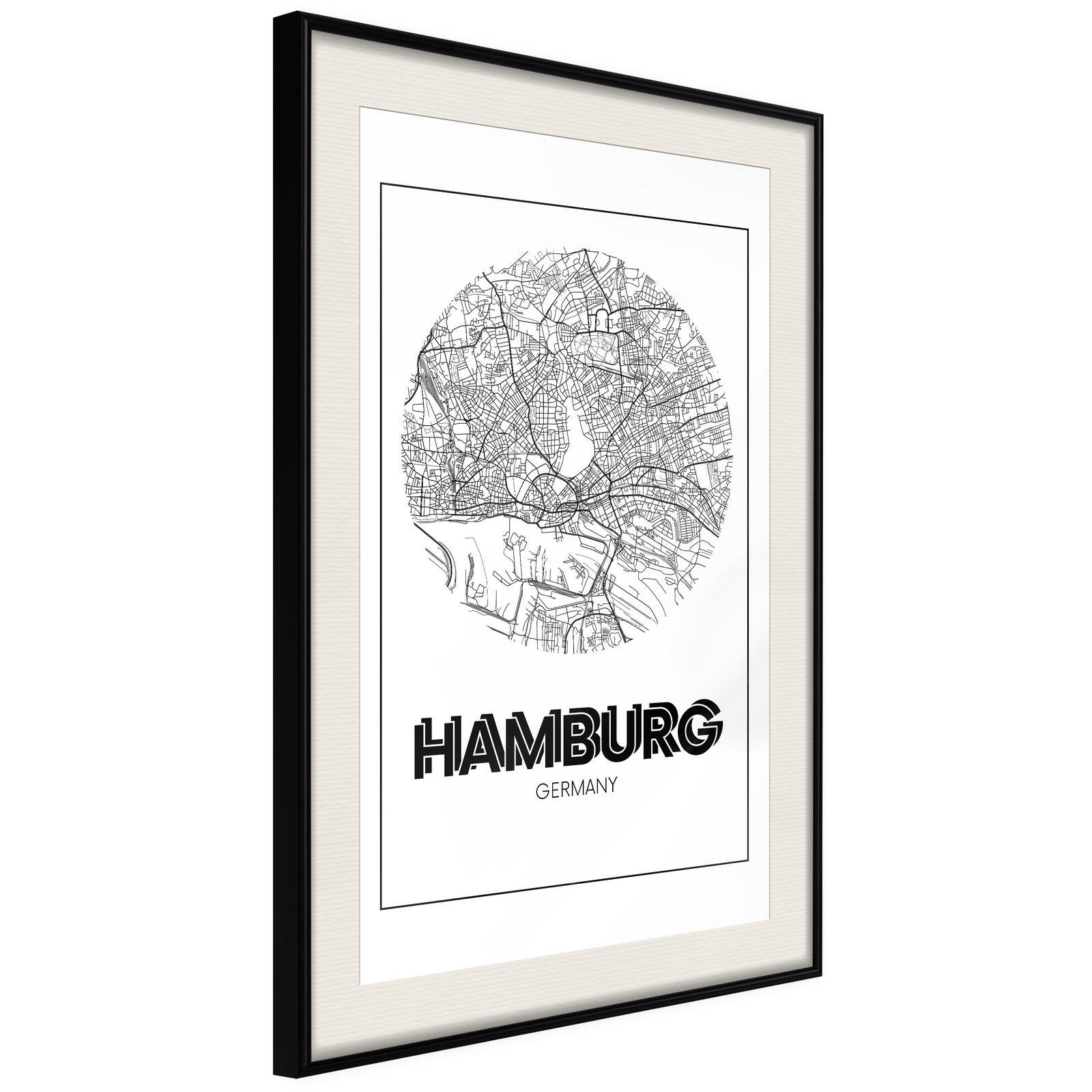 Inramad Poster / Tavla - City Map: Hamburg (Round)-Poster Inramad-Artgeist-20x30-Svart ram med passepartout-peaceofhome.se