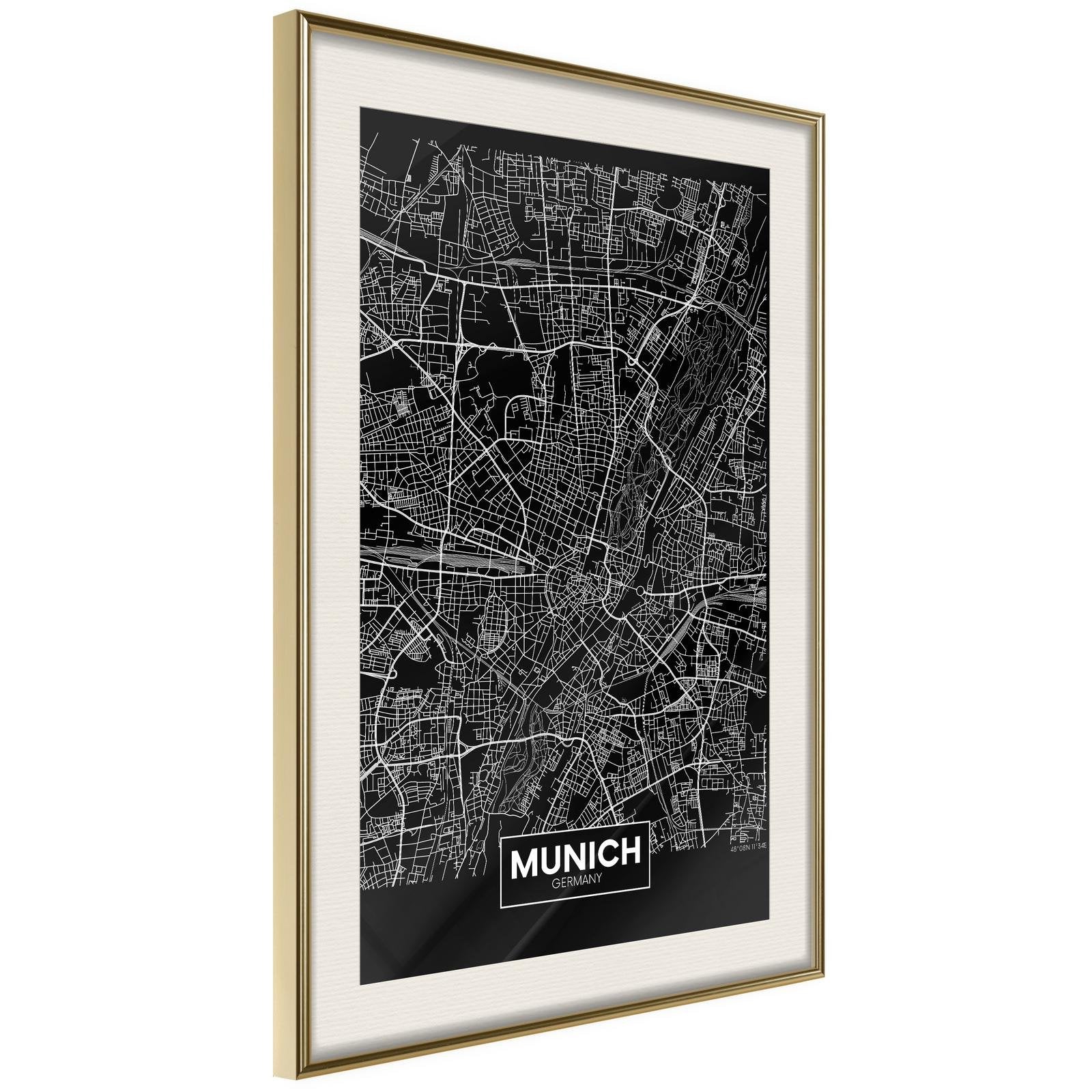 Inramad Poster / Tavla - City Map: Munich (Dark)-Poster Inramad-Artgeist-20x30-Guldram med passepartout-peaceofhome.se