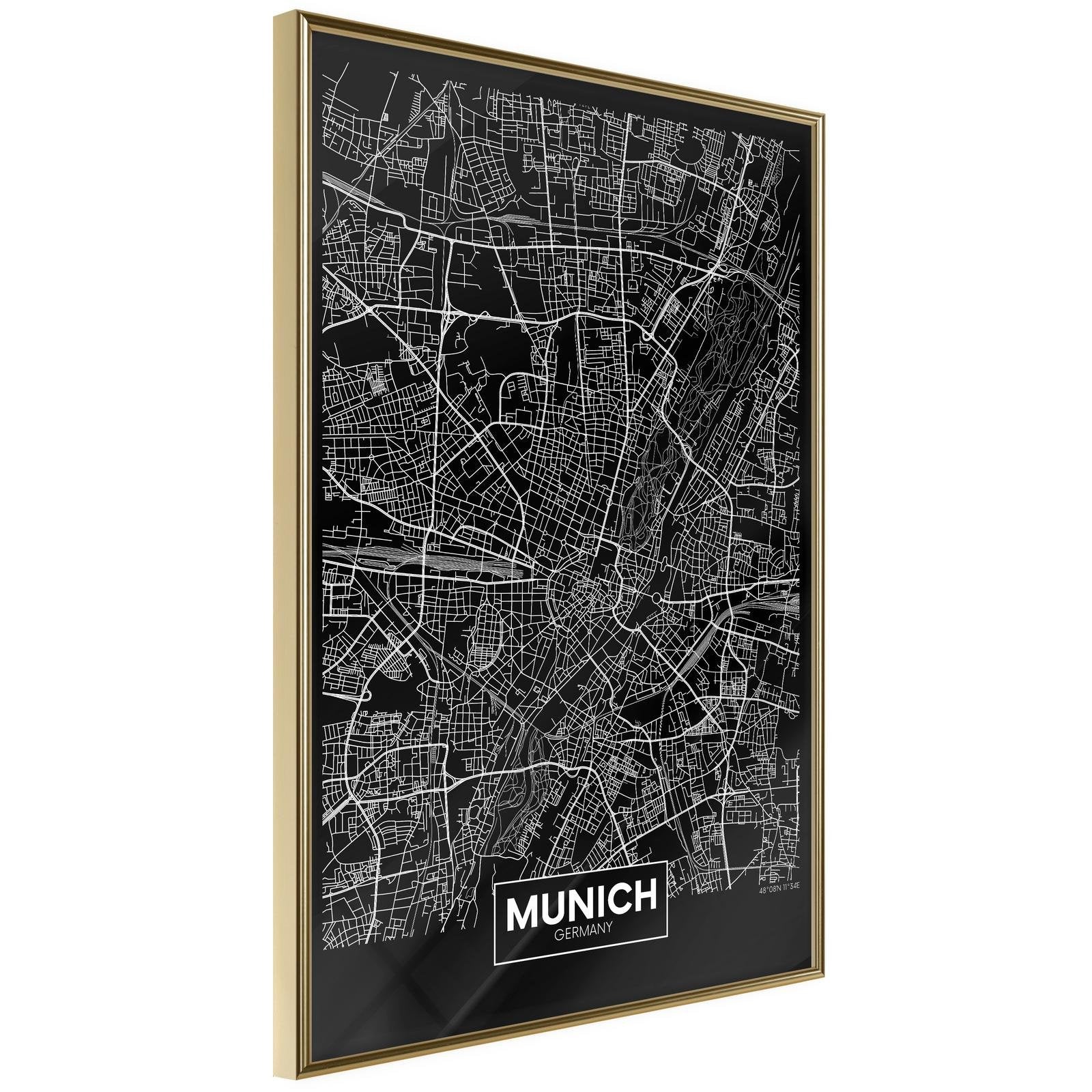 Inramad Poster / Tavla - City Map: Munich (Dark)-Poster Inramad-Artgeist-20x30-Guldram-peaceofhome.se