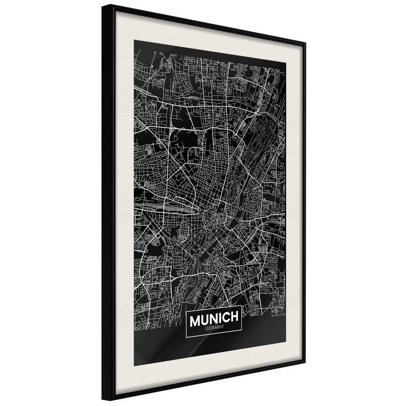Inramad Poster / Tavla - City Map: Munich (Dark)-Poster Inramad-Artgeist-20x30-Svart ram med passepartout-peaceofhome.se
