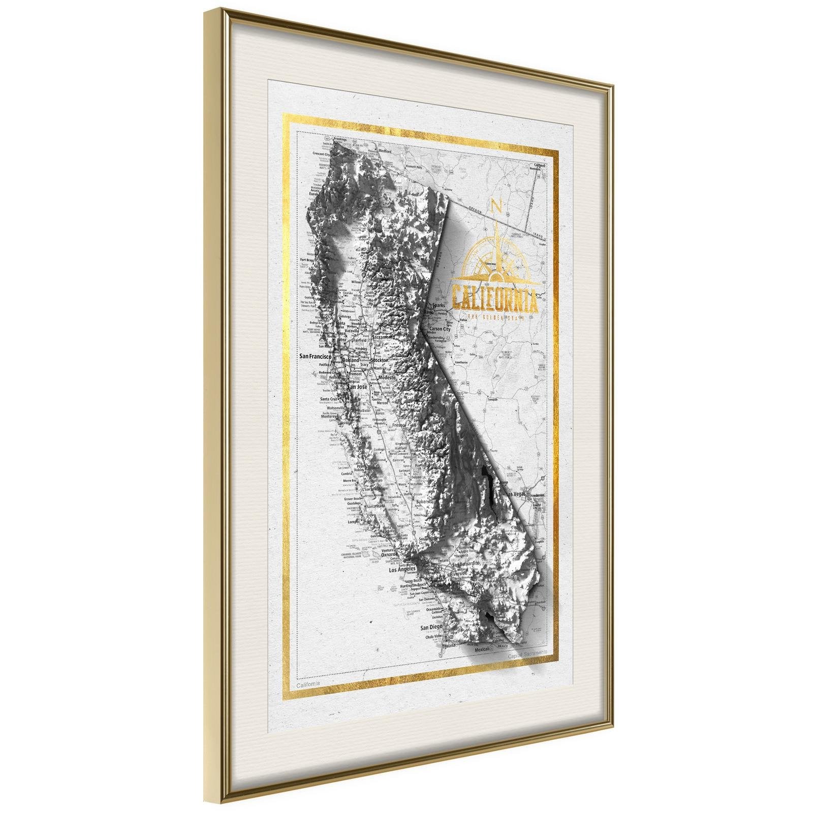 Inramad Poster / Tavla - Raised Relief Map: California-Poster Inramad-Artgeist-20x30-Guldram med passepartout-peaceofhome.se
