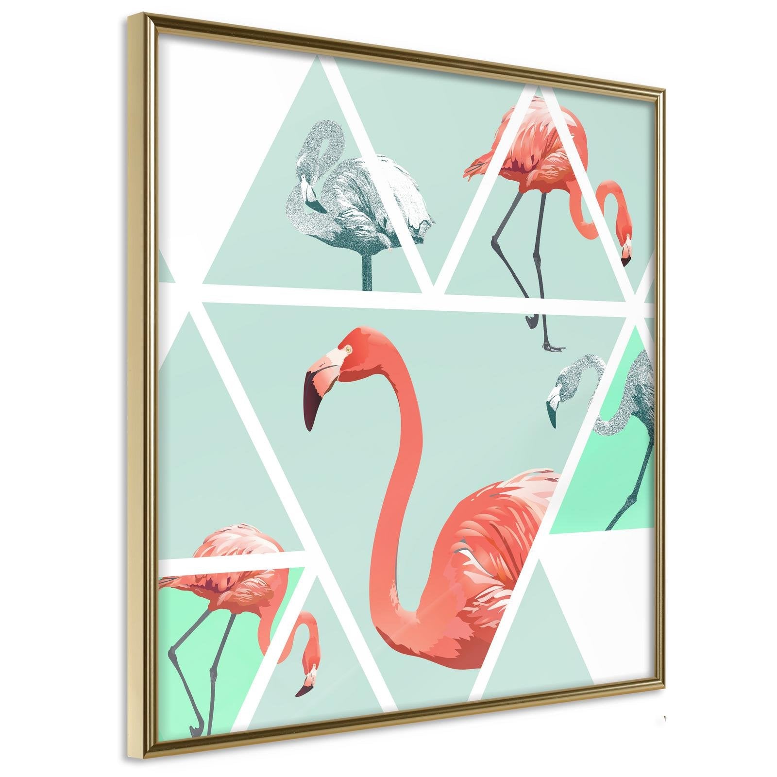 Inramad Poster / Tavla - Tropical Mosaic with Flamingos (Square)-Poster Inramad-Artgeist-20x20-Guldram-peaceofhome.se