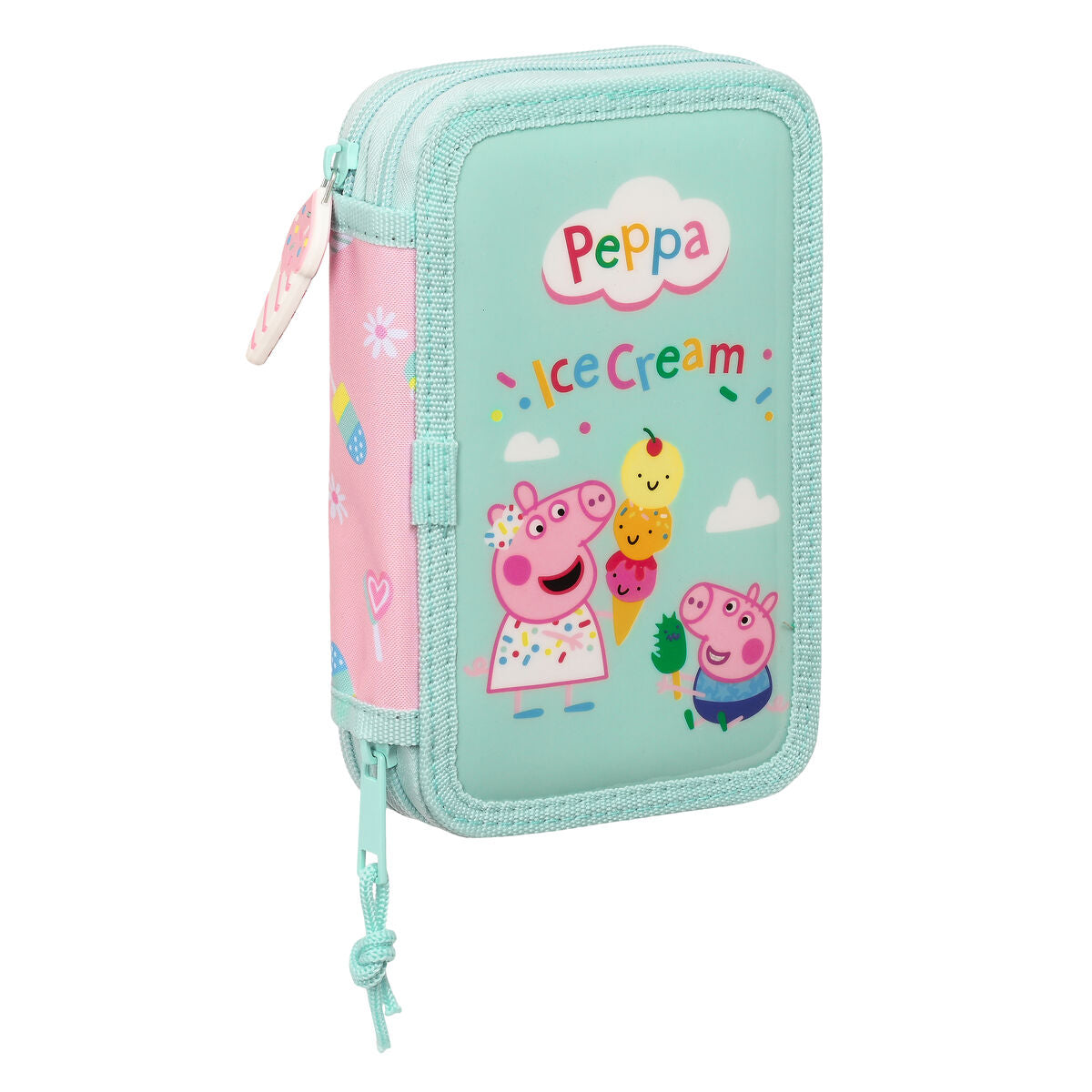 Dubbelt pennfodral Peppa Pig Ice cream Rosa Mint 12.5 x 19.5 x 4 cm (28 Delar)-Kontor och Kontorsmaterial, Skol- och utbildningsmaterial-Peppa Pig-peaceofhome.se