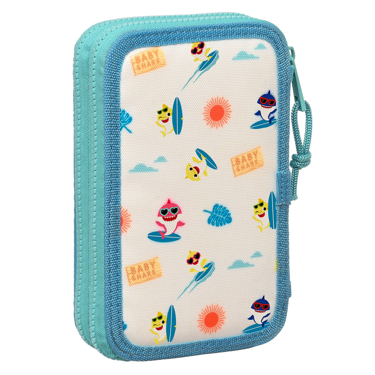 Dubbelt pennfodral Baby Shark Surfing Blå Vit 12.5 x 19.5 x 4 cm (28 Delar)-Kontor och Kontorsmaterial, Skol- och utbildningsmaterial-Baby Shark-peaceofhome.se