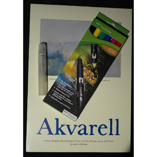 Akvarellblock A4 och Tombow dual brush pennor i ett komplett start set Akvarellblock A4 15 blad 240 gram med 6 Dual Brush-pennor Tombow ABT-6C-1 bas färger och Blender-Konstnärsmaterial-Klevrings Sverige-peaceofhome.se