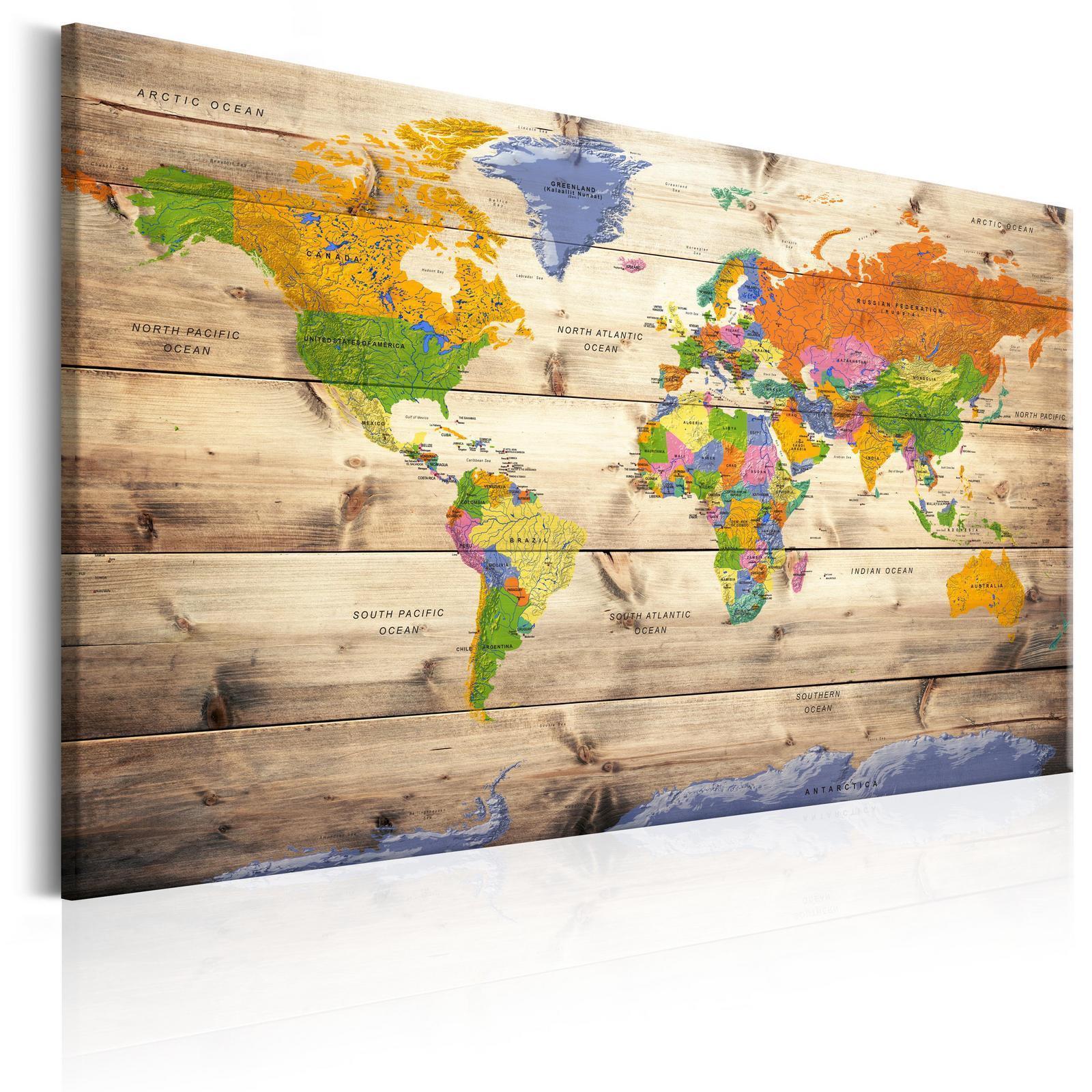 Anslagstavla i kork - Map on wood: Colourful Travels-Anslagstavlor-Artgeist-peaceofhome.se