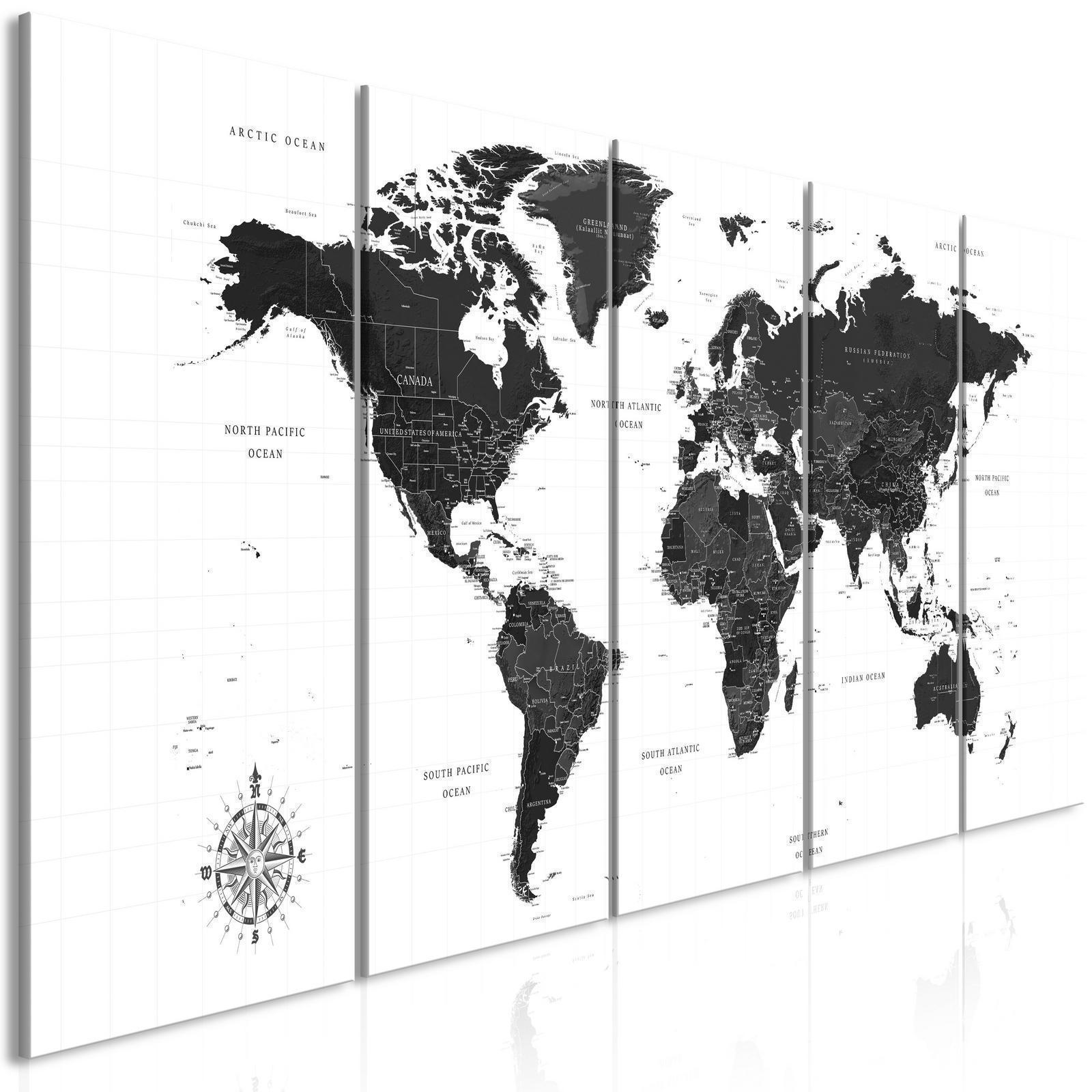 Canvas Tavla - Black and White Map (5 delar) Narrow-Tavlor-Artgeist-peaceofhome.se
