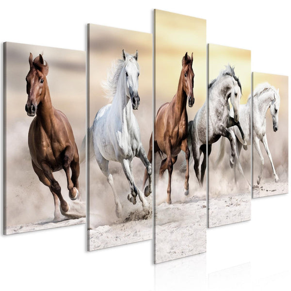 Canvas Tavla - Flock of Horses (5 delar) Wide-Tavla Canvas-Artgeist-peaceofhome.se