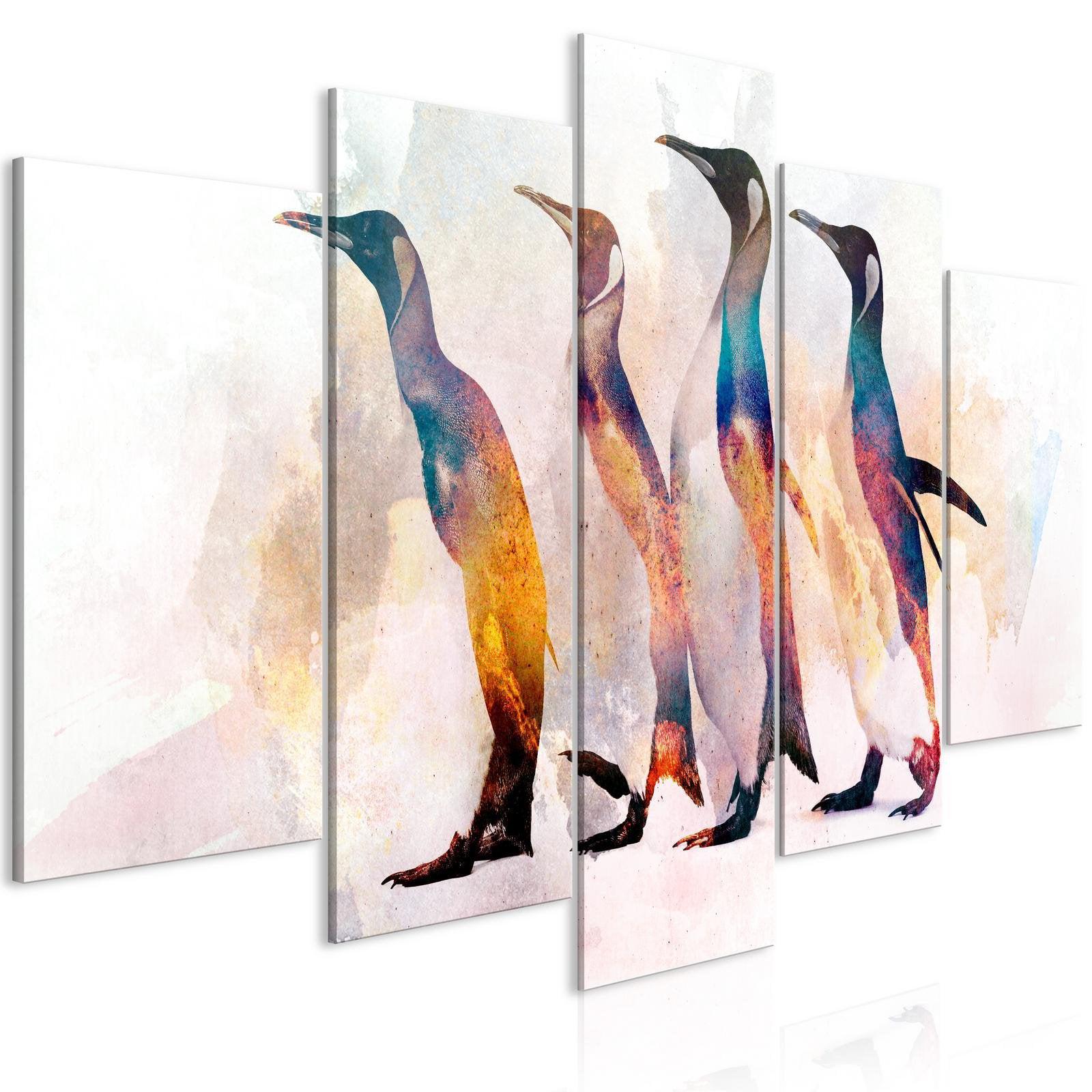 Canvas Tavla - Penguin Wandering (5 delar) Wide-Tavla Canvas-Artgeist-100x50-peaceofhome.se