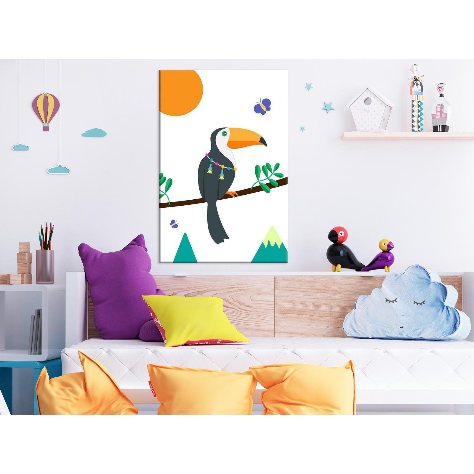Canvas Tavla - Toucan And Butterflies Vertical-Tavla Canvas-Artgeist-40x60-peaceofhome.se