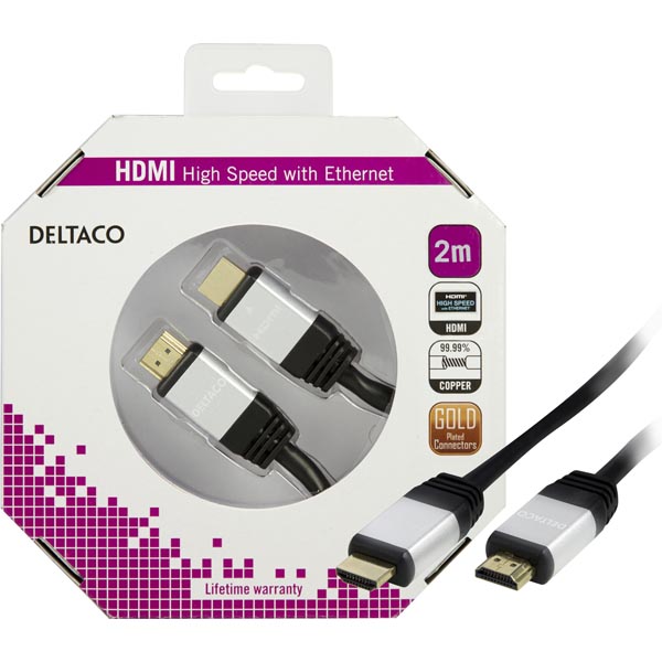 DELTACO HDMI 1.4-kabel, HDMI Type A ha, guldpläterad, 2m, svart-Kablar-Klevrings Sverige-peaceofhome.se