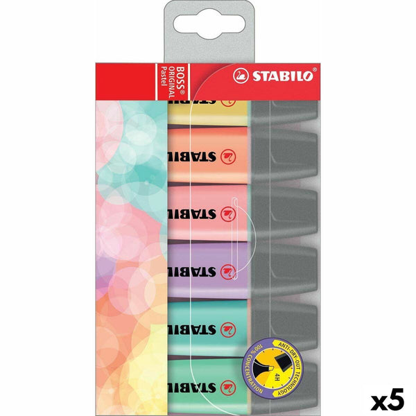 Fluorescerande markörsuppsättning Stabilo Boss Multicolour (5 antal)-Kontor och Kontorsmaterial, Kulspetspennor, pennor och skrivverktyg-Stabilo-peaceofhome.se