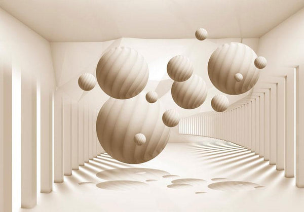 Fototapet - 3D Abstraction - Beige spheres with shadow in a bright space with columns-Fototapeter-Artgeist-peaceofhome.se