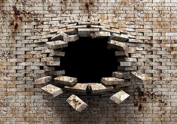 Fototapet - 3D Wall Entry - Background with Dirty White Brick with a Prominent Hole-Fototapeter-Artgeist-peaceofhome.se