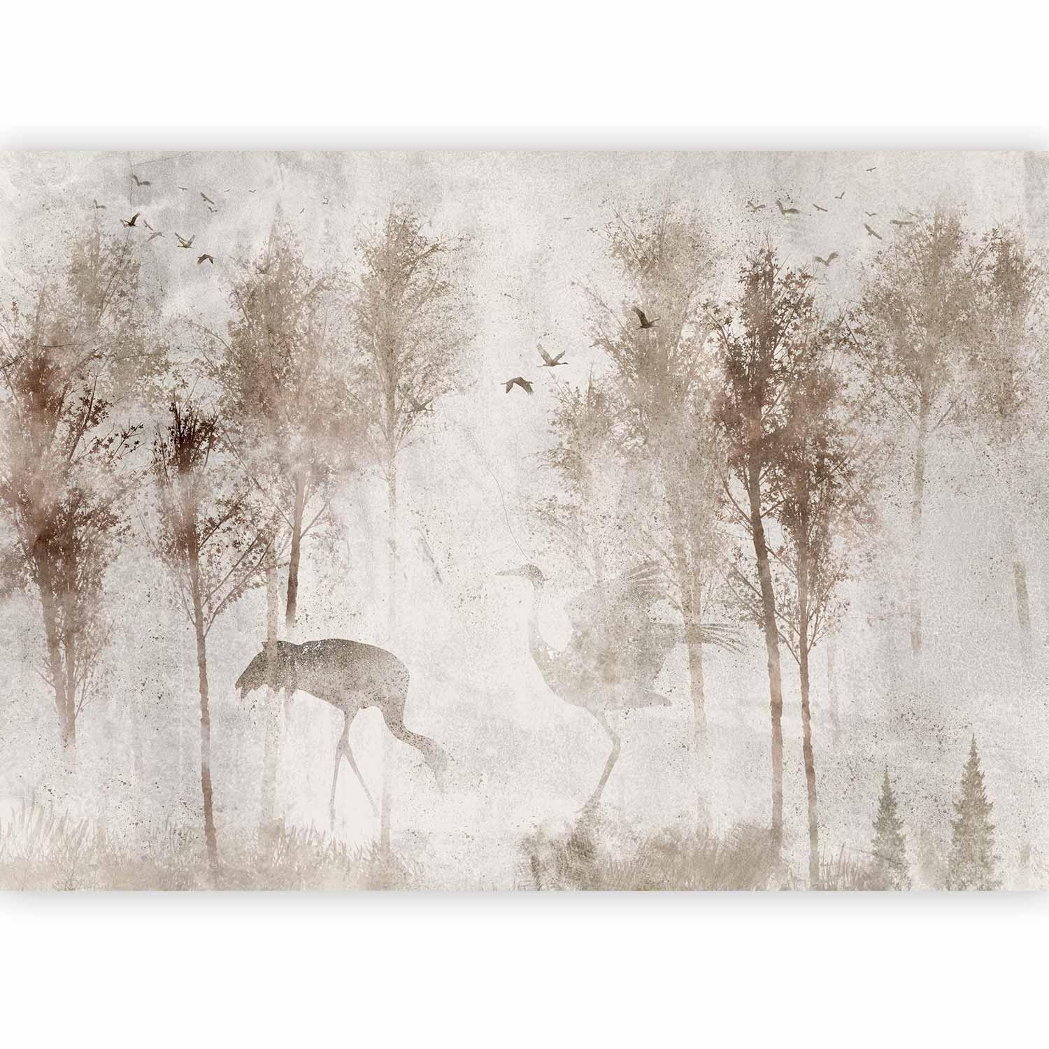 Fototapet - Among the trees - landscape in grey tones in fog in a clearing with birds-Fototapeter-Artgeist-peaceofhome.se