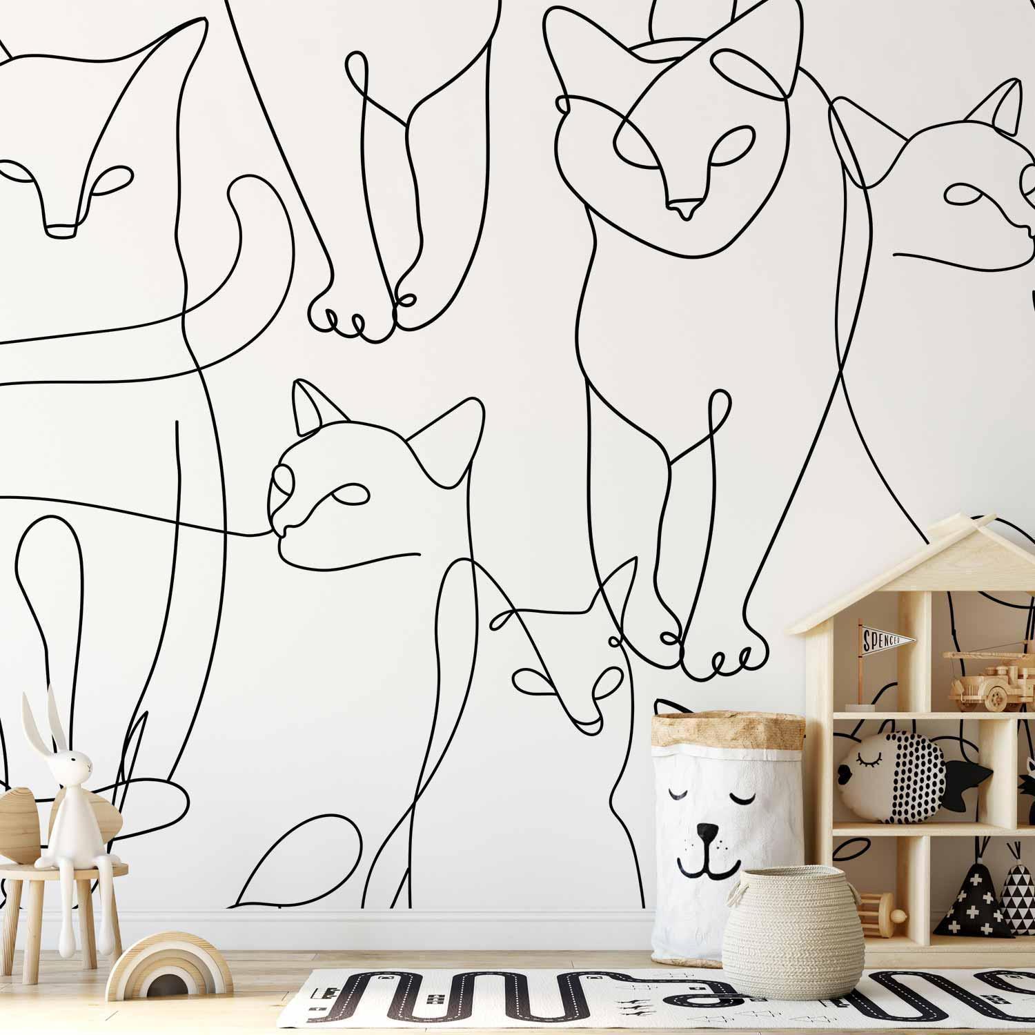 Fototapet - Cat lineart - minimalist sketches of black cats on white background-Fototapeter-Artgeist-peaceofhome.se