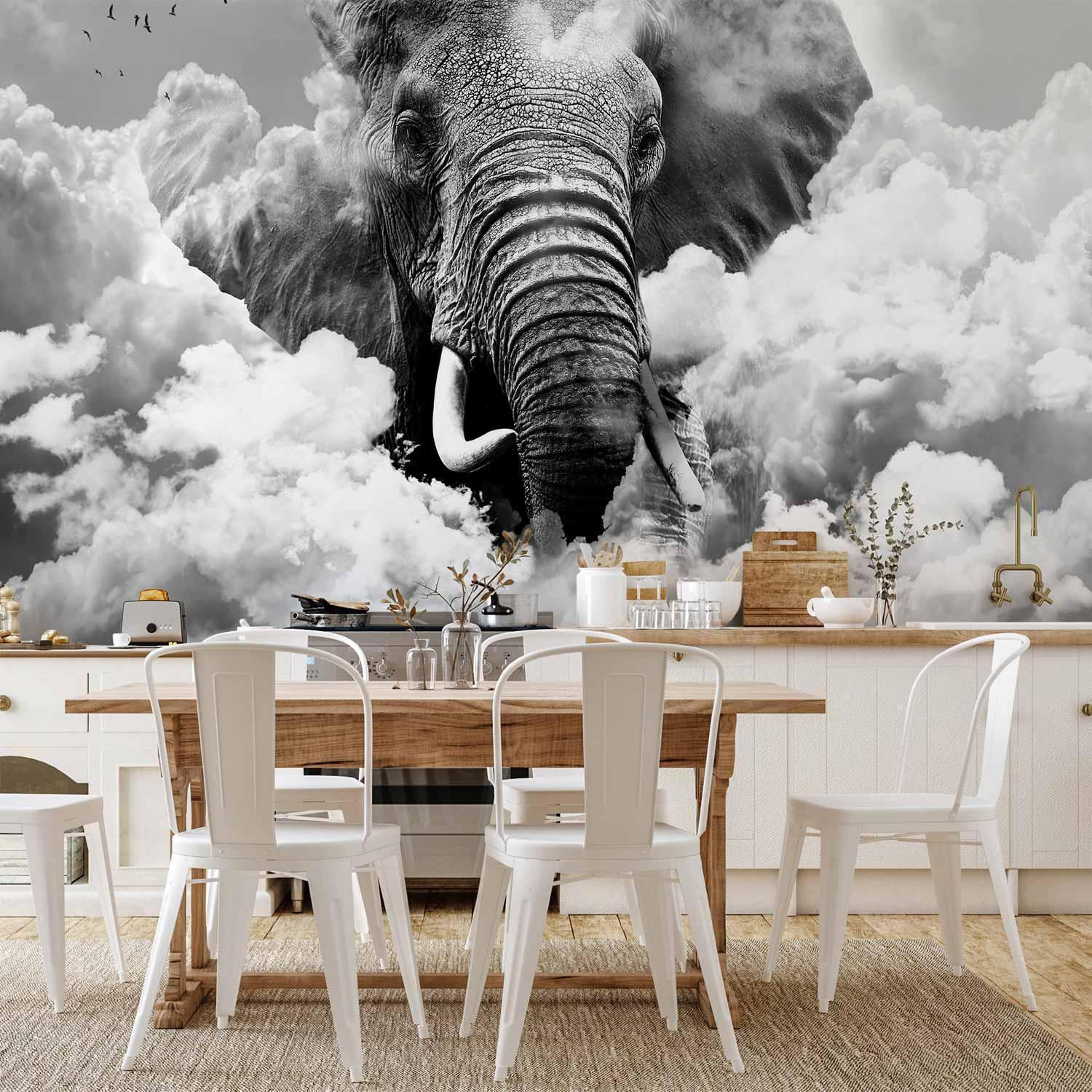 Fototapet - Elephant in the Clouds (Black and White)-Fototapeter-Artgeist-peaceofhome.se