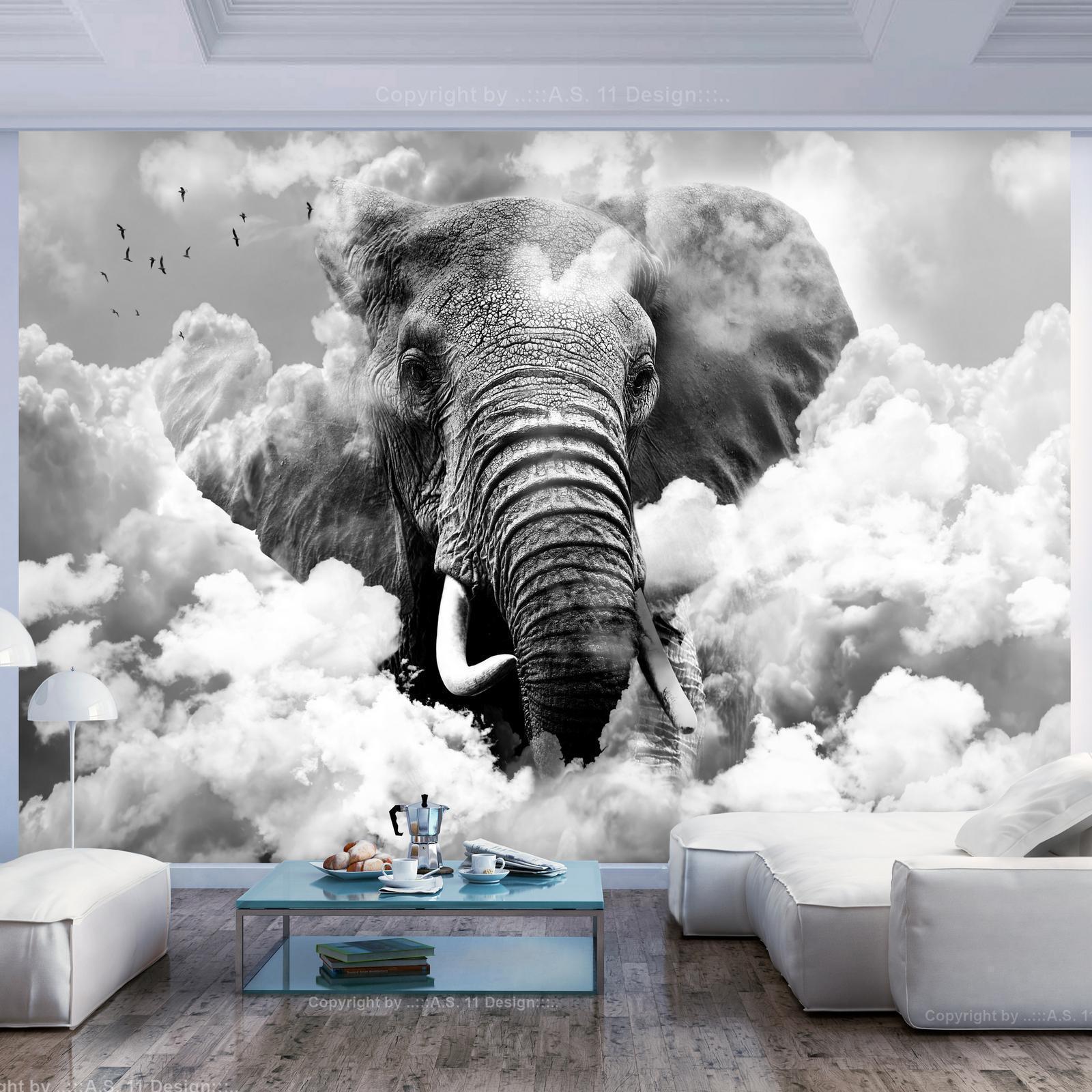 Fototapet - Elephant in the Clouds (Black and White)-Fototapeter-Artgeist-peaceofhome.se