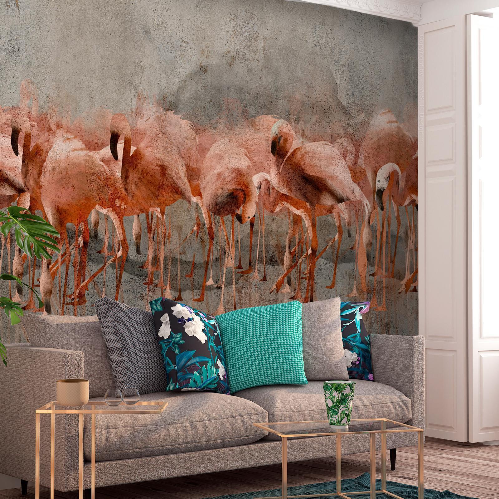Fototapet - Exotic birds - pink flamingos with shadow on grey concrete background-Fototapeter-Artgeist-peaceofhome.se
