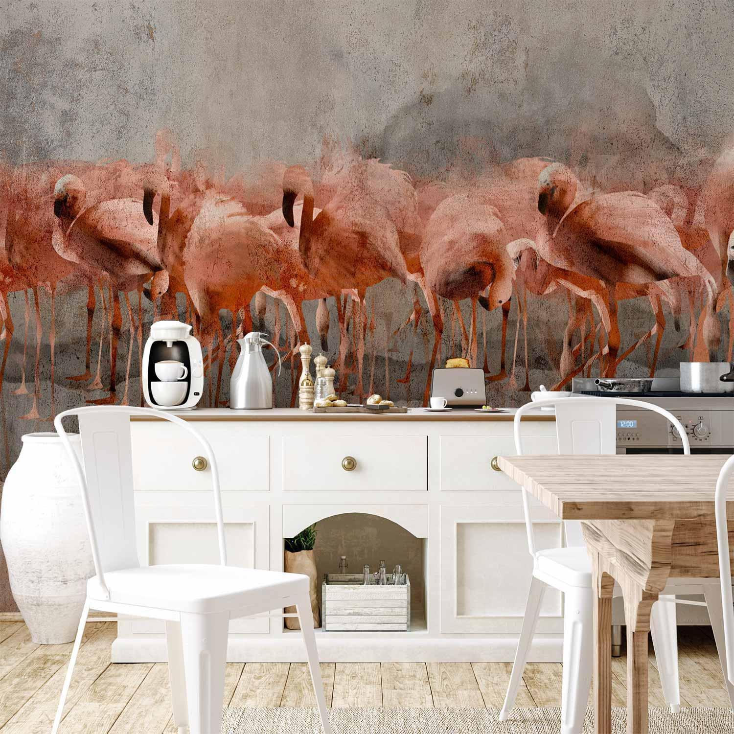 Fototapet - Exotic birds - pink flamingos with shadow on grey concrete background-Fototapeter-Artgeist-peaceofhome.se