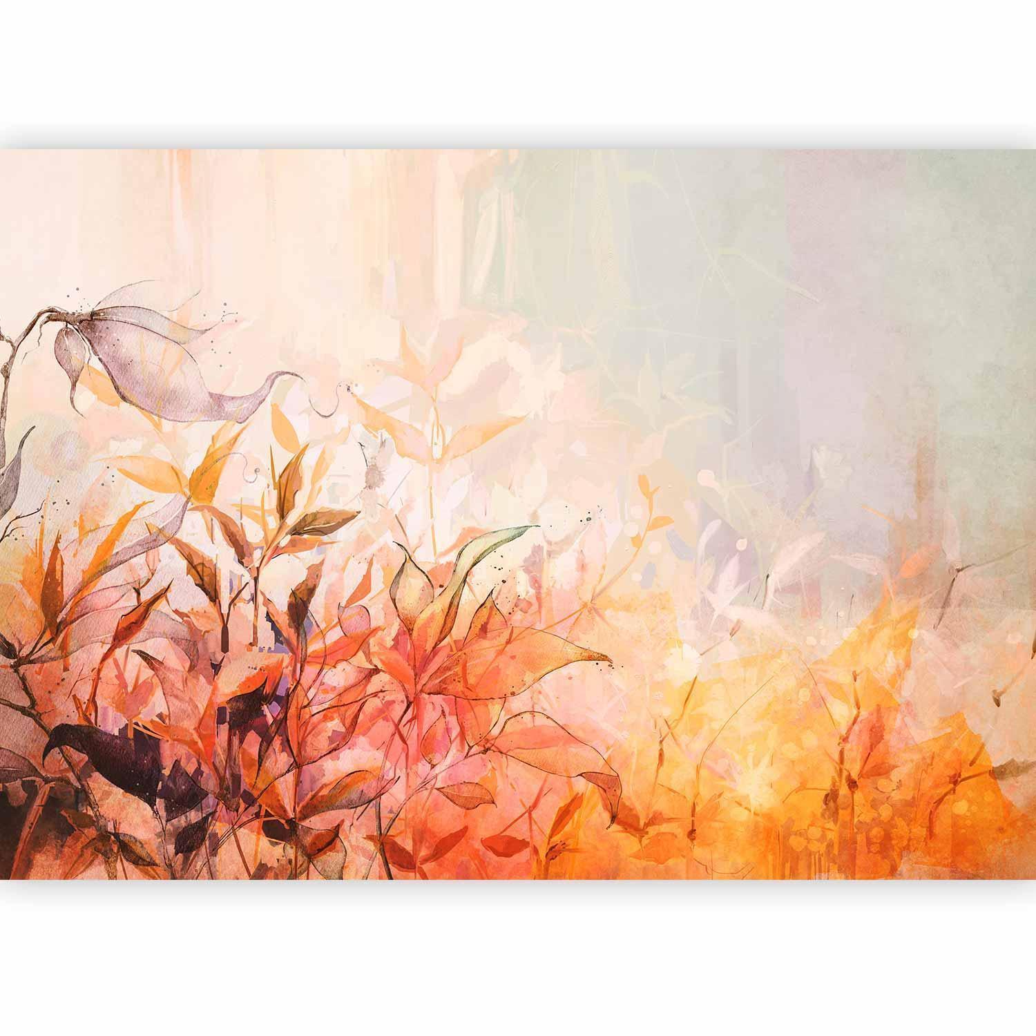 Fototapet - Flaming meadow - nature landscape with meadow of flowers and leaves in watercolour style-Fototapeter-Artgeist-peaceofhome.se