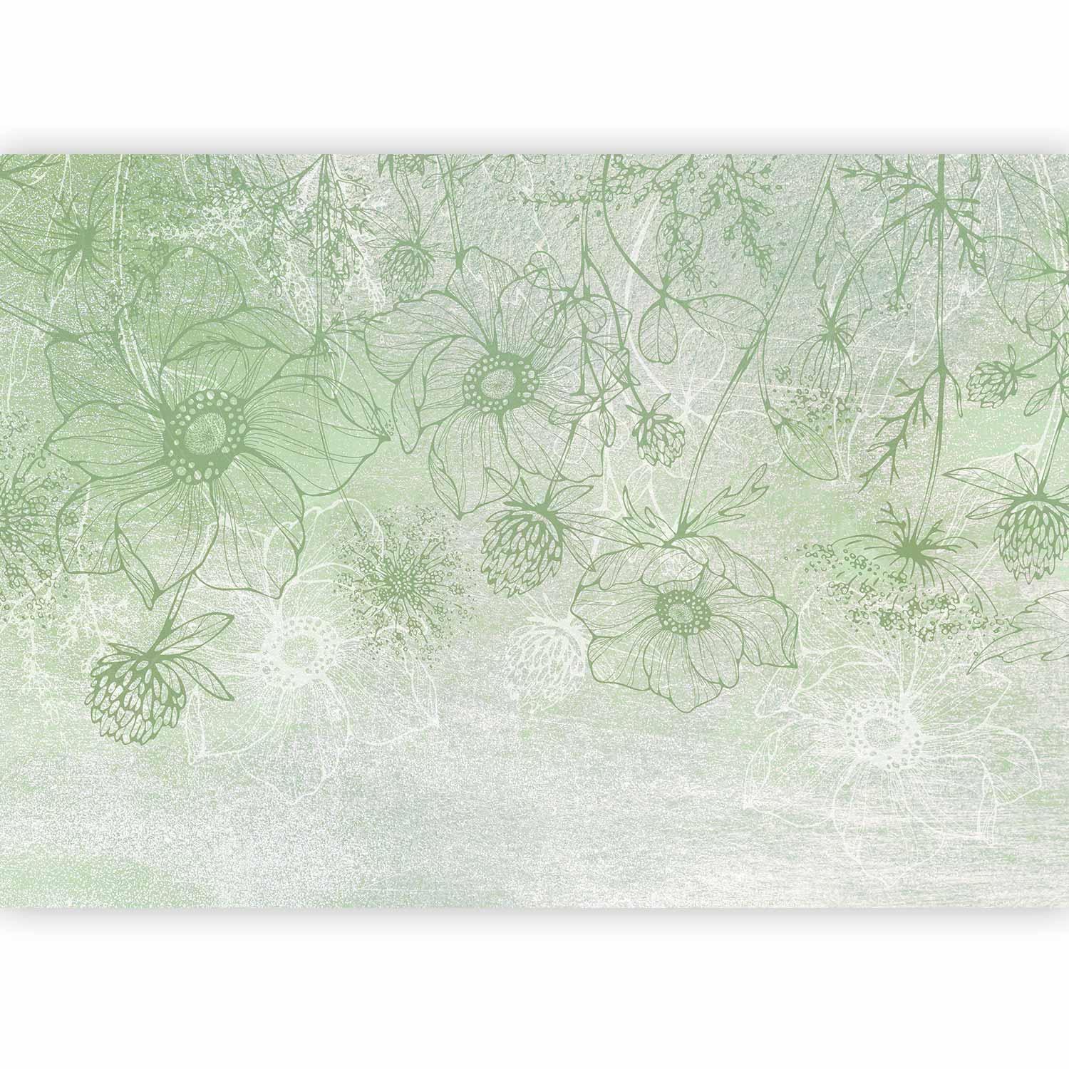 Fototapet - Flowery meadow - nature with field flowers lineart on green background-Fototapeter-Artgeist-peaceofhome.se