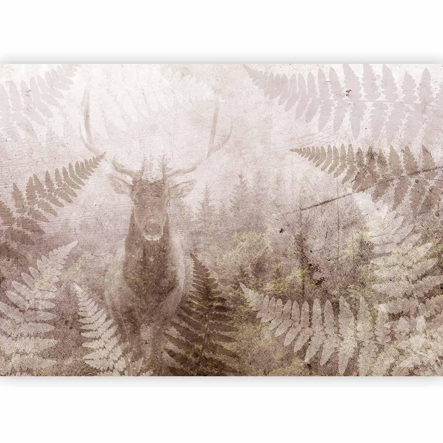 Fototapet - Forest motif - deer with antlers among fern leaves on concrete pattern-Fototapeter-Artgeist-peaceofhome.se