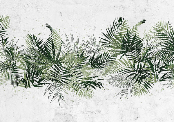 Fototapet - Jungle and green plume - large tropical leaves on a white background-Fototapeter-Artgeist-peaceofhome.se