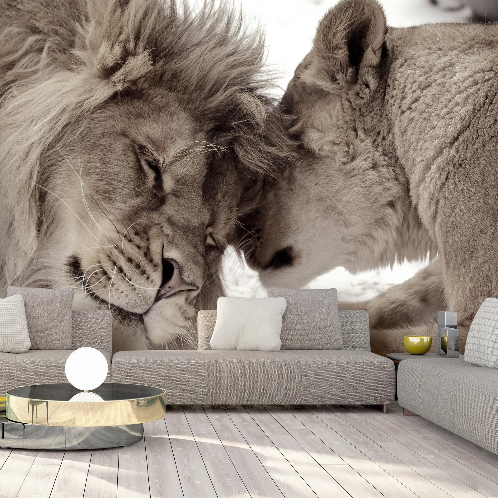 Fototapet - Lion Tenderness (Sepia)-Fototapeter-Artgeist-peaceofhome.se
