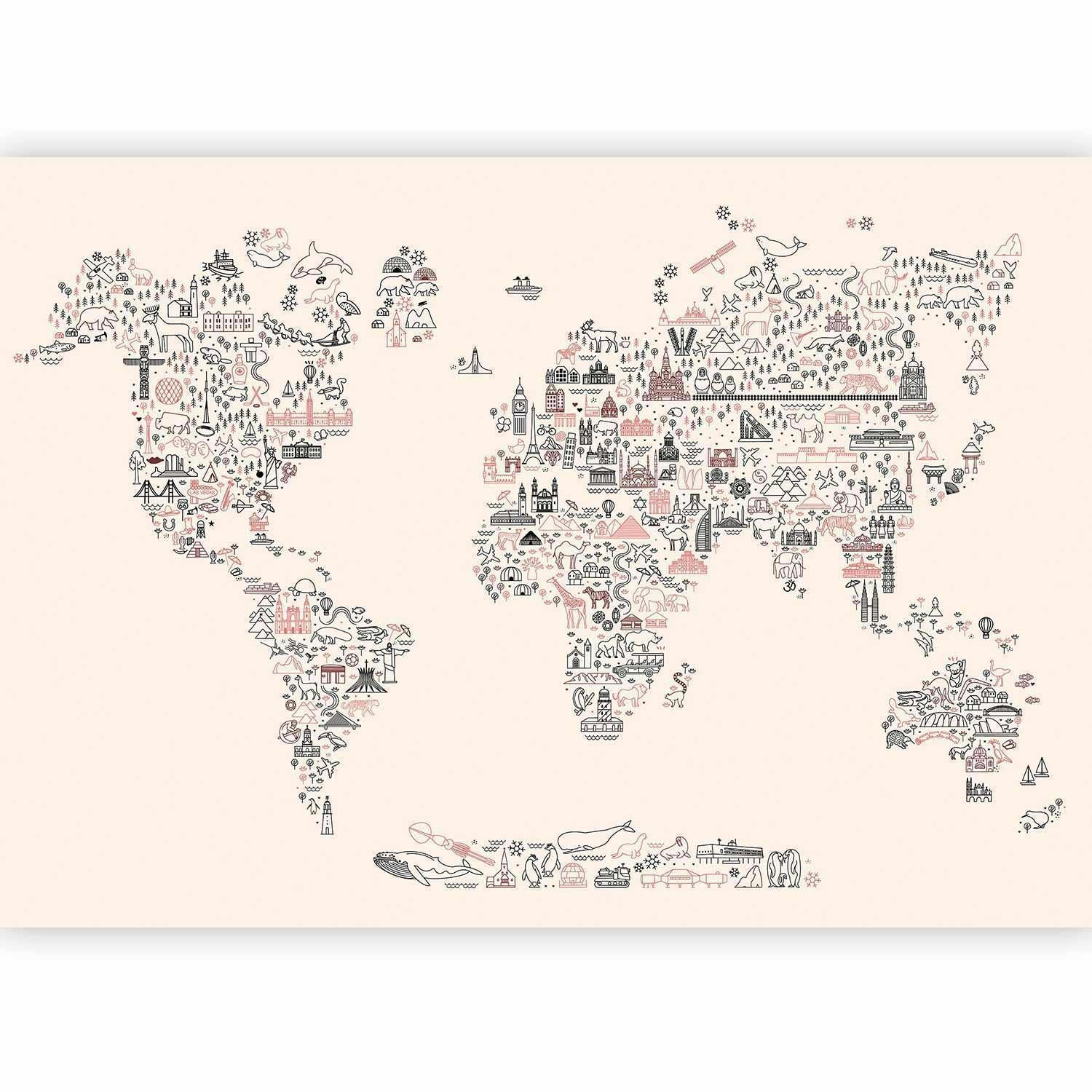 Fototapet - Map With Icons - Cartoon Representation of the World in Pastel Colours-Fototapeter-Artgeist-peaceofhome.se