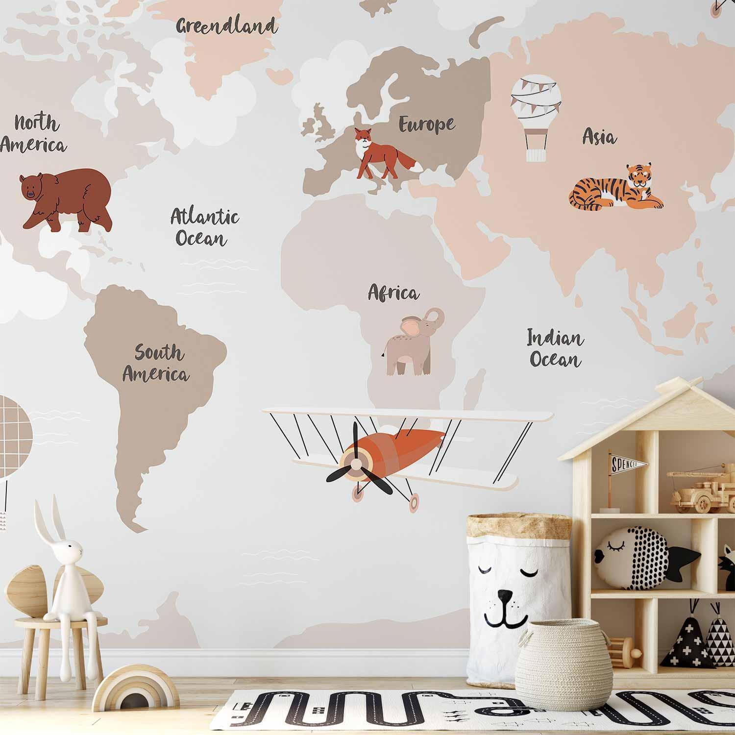 Fototapet - Map in Shades of Beige - Continents With Animals-Fototapeter-Artgeist-peaceofhome.se