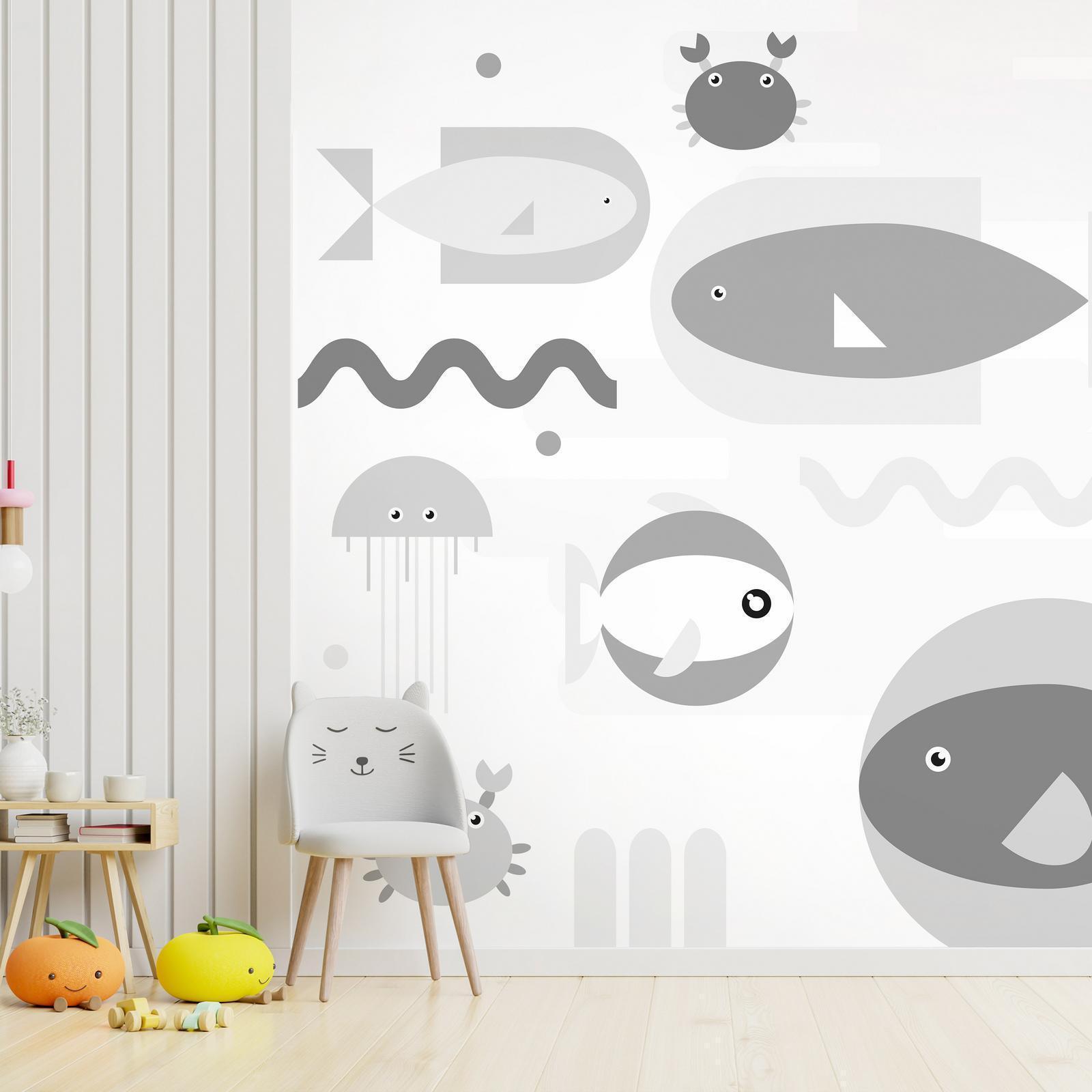 Fototapet - Minimalist grey ocean - geometric fish in water for children-Fototapeter-Artgeist-peaceofhome.se