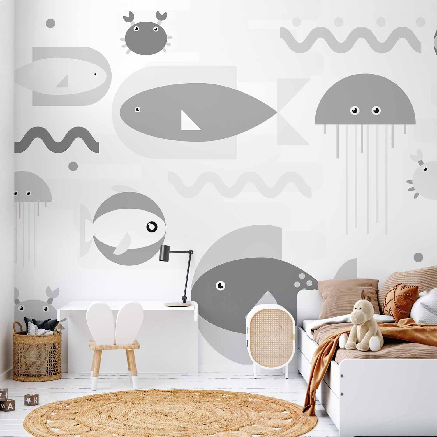 Fototapet - Minimalist grey ocean - geometric fish in water for children-Fototapeter-Artgeist-peaceofhome.se