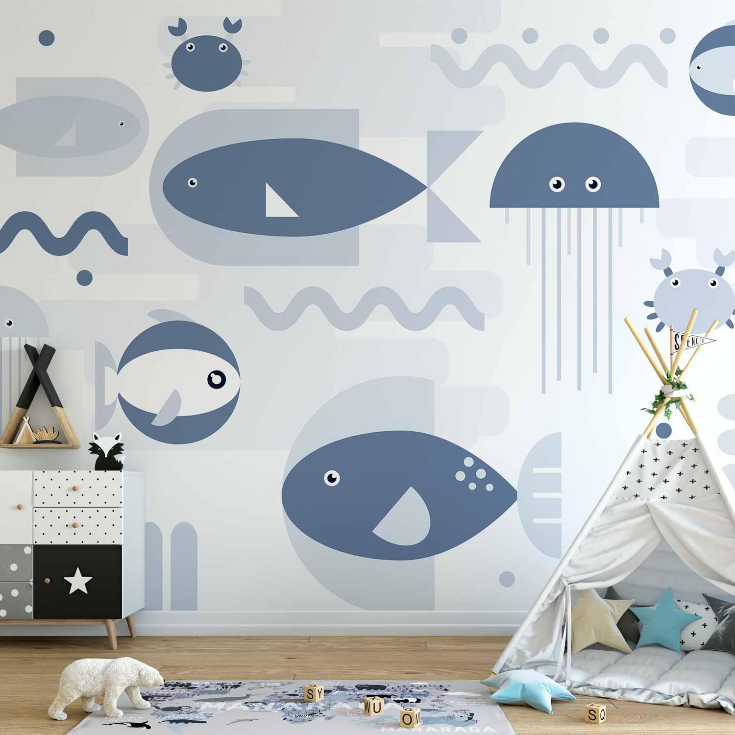 Fototapet - Minimalist ocean - geometric fish and crabs in water for kids-Fototapeter-Artgeist-peaceofhome.se