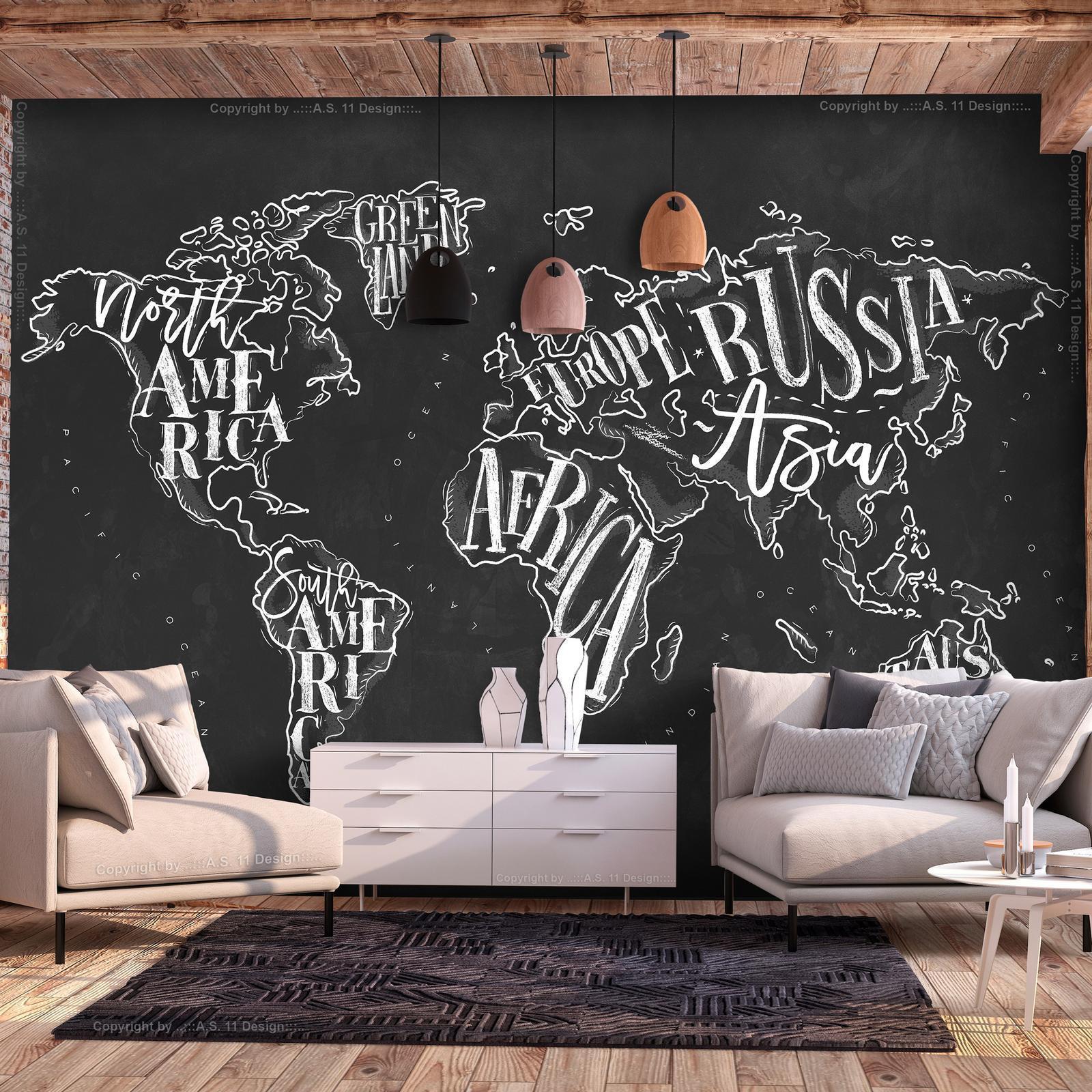 Fototapet - Modern world map - black and white continents with English names-Fototapeter-Artgeist-peaceofhome.se