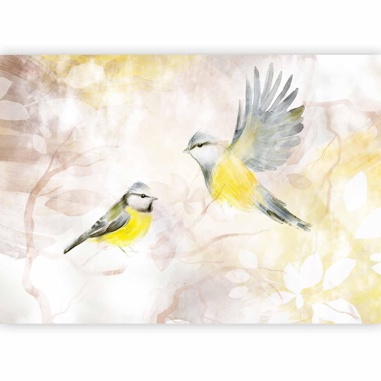 Fototapet - Painted tits - bird motif with patterns in yellow and beige tones-Fototapeter-Artgeist-peaceofhome.se