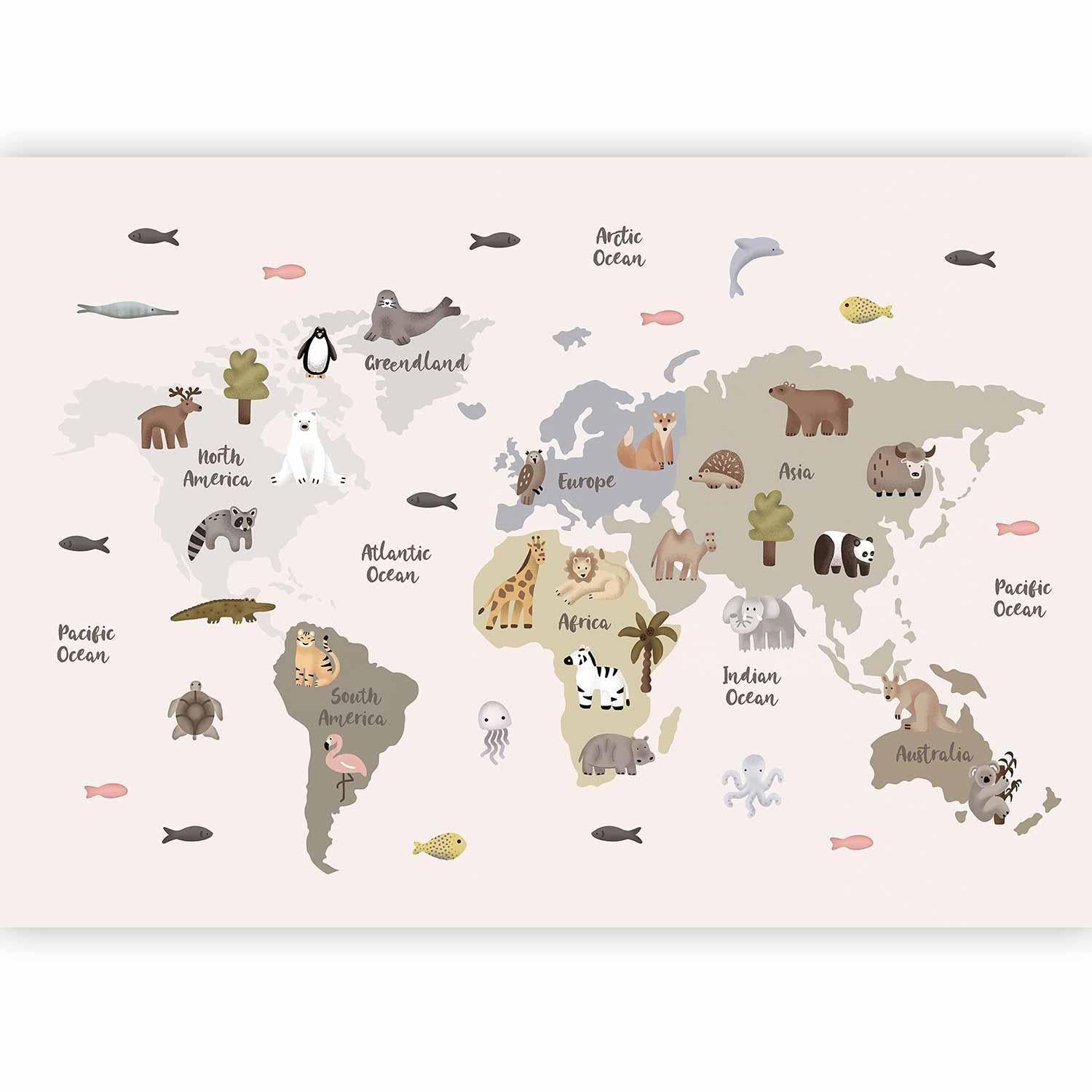 Fototapet - Pastel Map - Animals and Continents for Children's Room-Fototapeter-Artgeist-peaceofhome.se