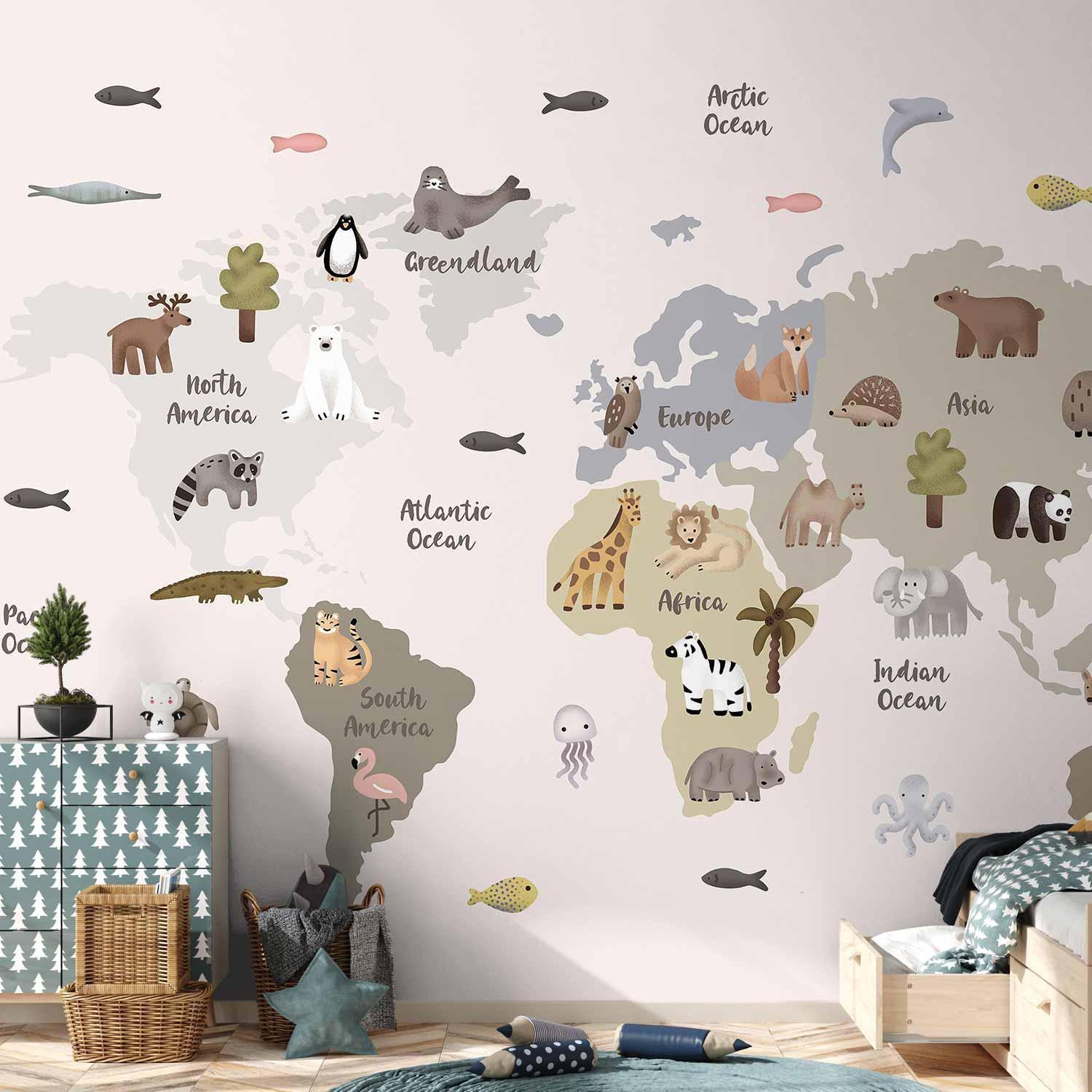 Fototapet - Pastel Map - Animals and Continents for Children's Room-Fototapeter-Artgeist-peaceofhome.se